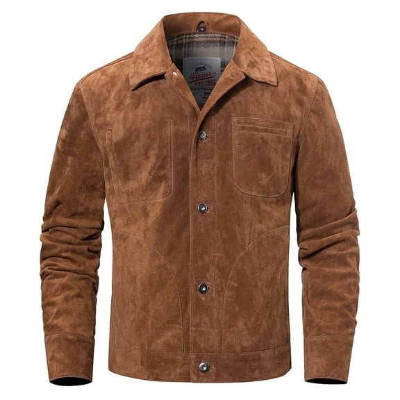 FLAVOR Men's Suede Leather Jacket Trucker Coat (Small, Brown)