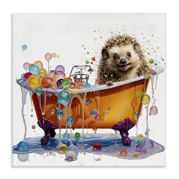 Stupell Industries Happy Hedgehog Bubble Bath Bath & Laundry Painting Wrapped Canvas Art Print Wall Art, 17 x 17