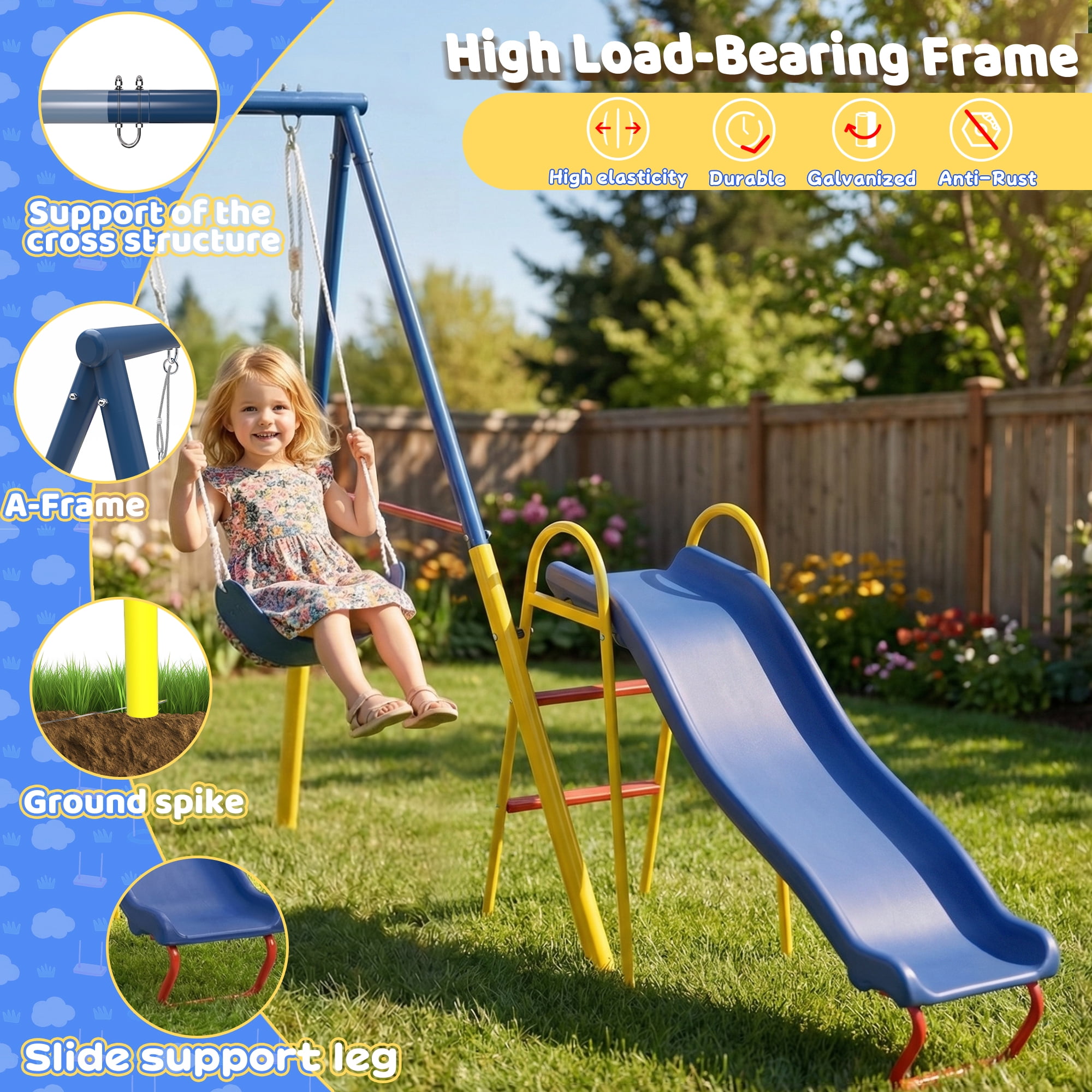 Leumius 3 in 1 Swing Set with Slide for Kids,Outdoor Heavy-Duty Metal Playset for Backyard,Blue