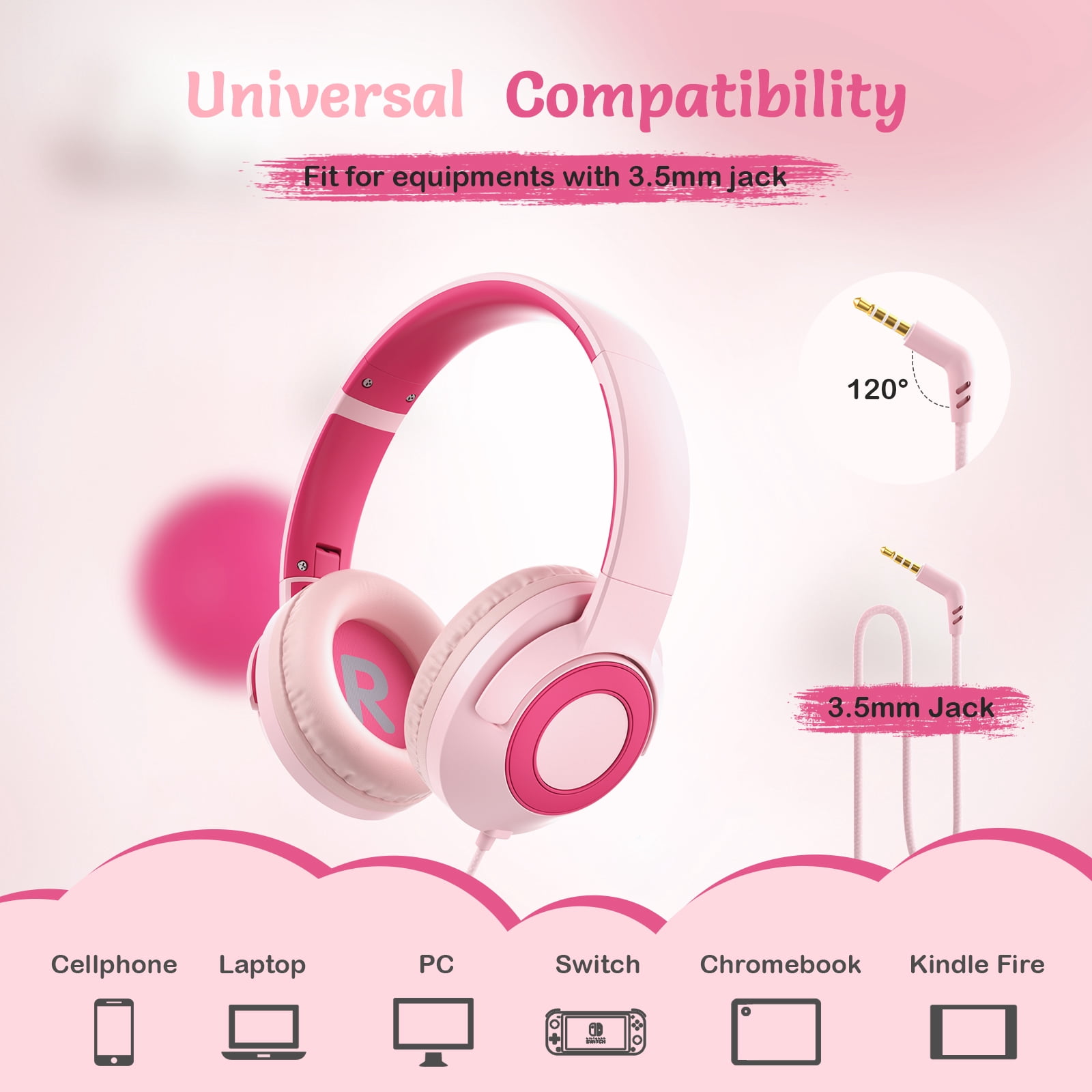 Tonoshark Kids Wired Headphones with Microphone, Volume Limited to 85/94dB Pink Earphone for Girls, Foldable 3.5mm Jack Headset for School & Travel, Includes Portable Case