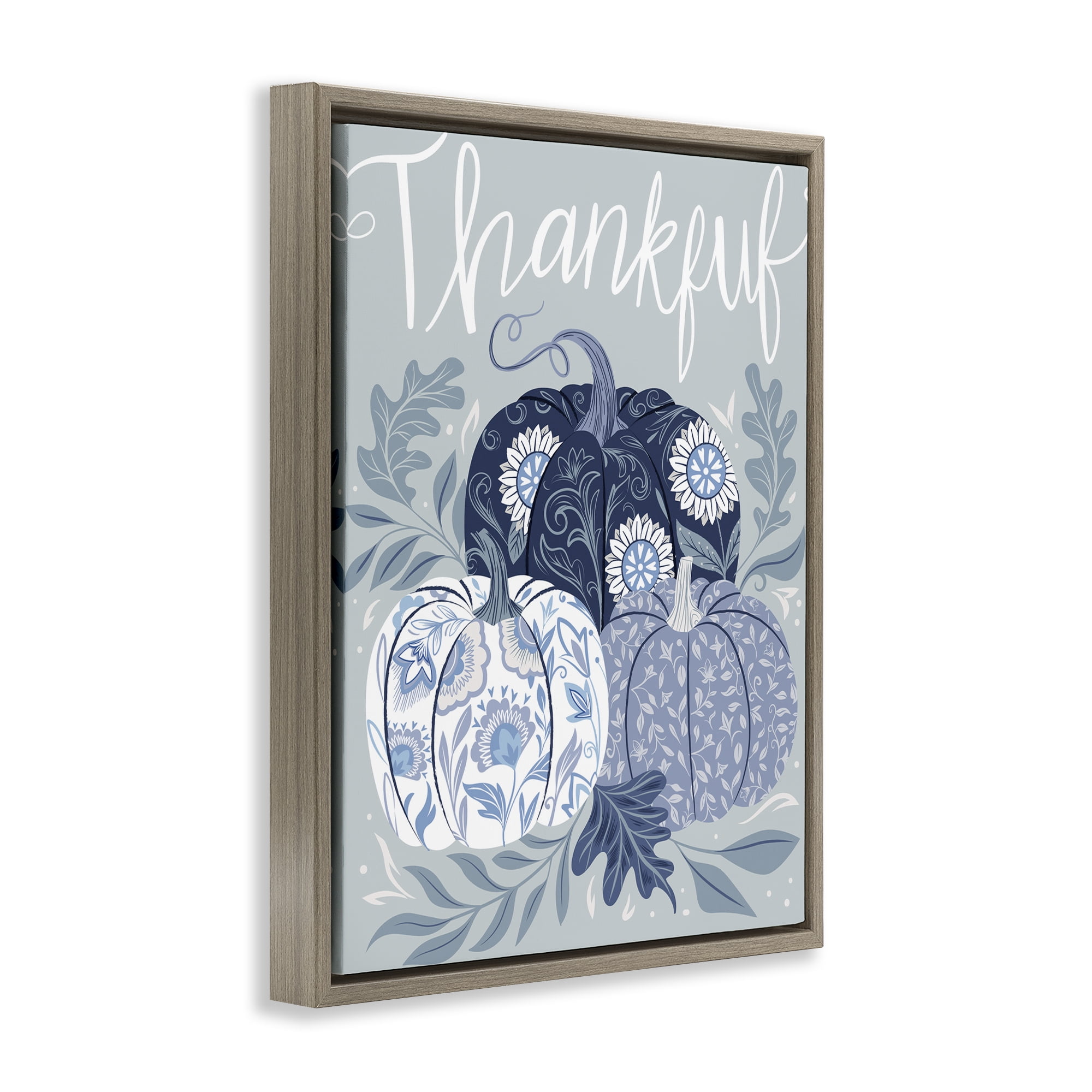 Stupell Industries Thankful Ornate Floral Pumpkins Plants & Flowers Painting Brown Floater Framed Canvas Art Print Wall Art, 17 x 21