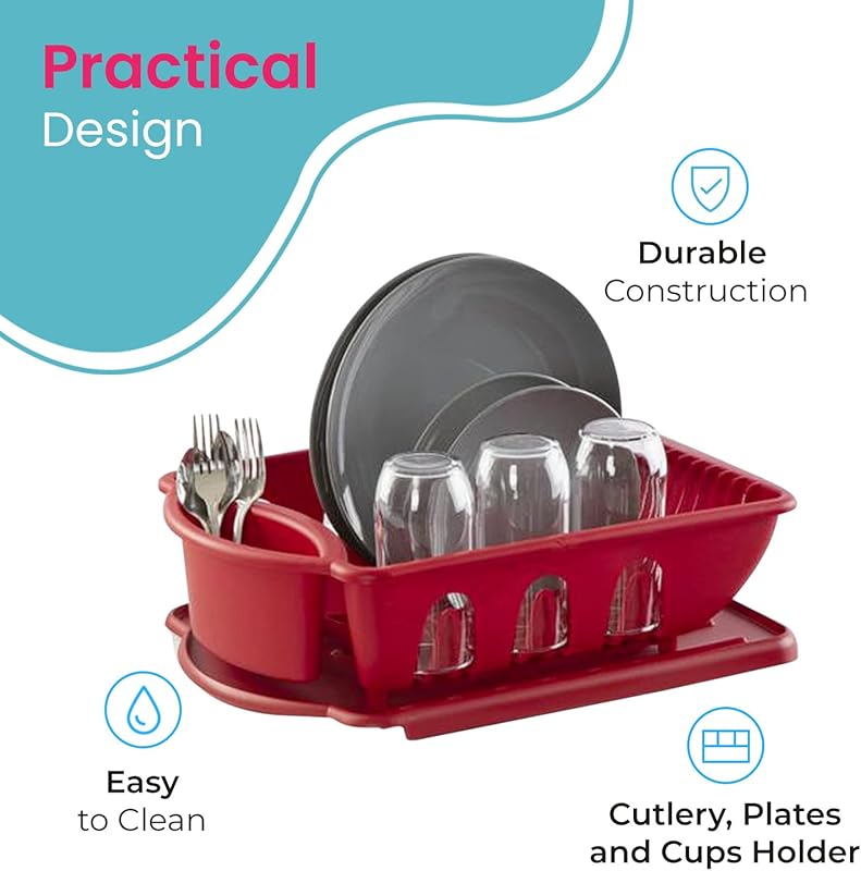 Sturdy Hard Plastic Red Sink Set Dish Rack with Drainer & Drainboard, Easy to Clean with Snap Lock Tab Cup Holders for Home Kitchen Sink Organizer (Red, Medium)