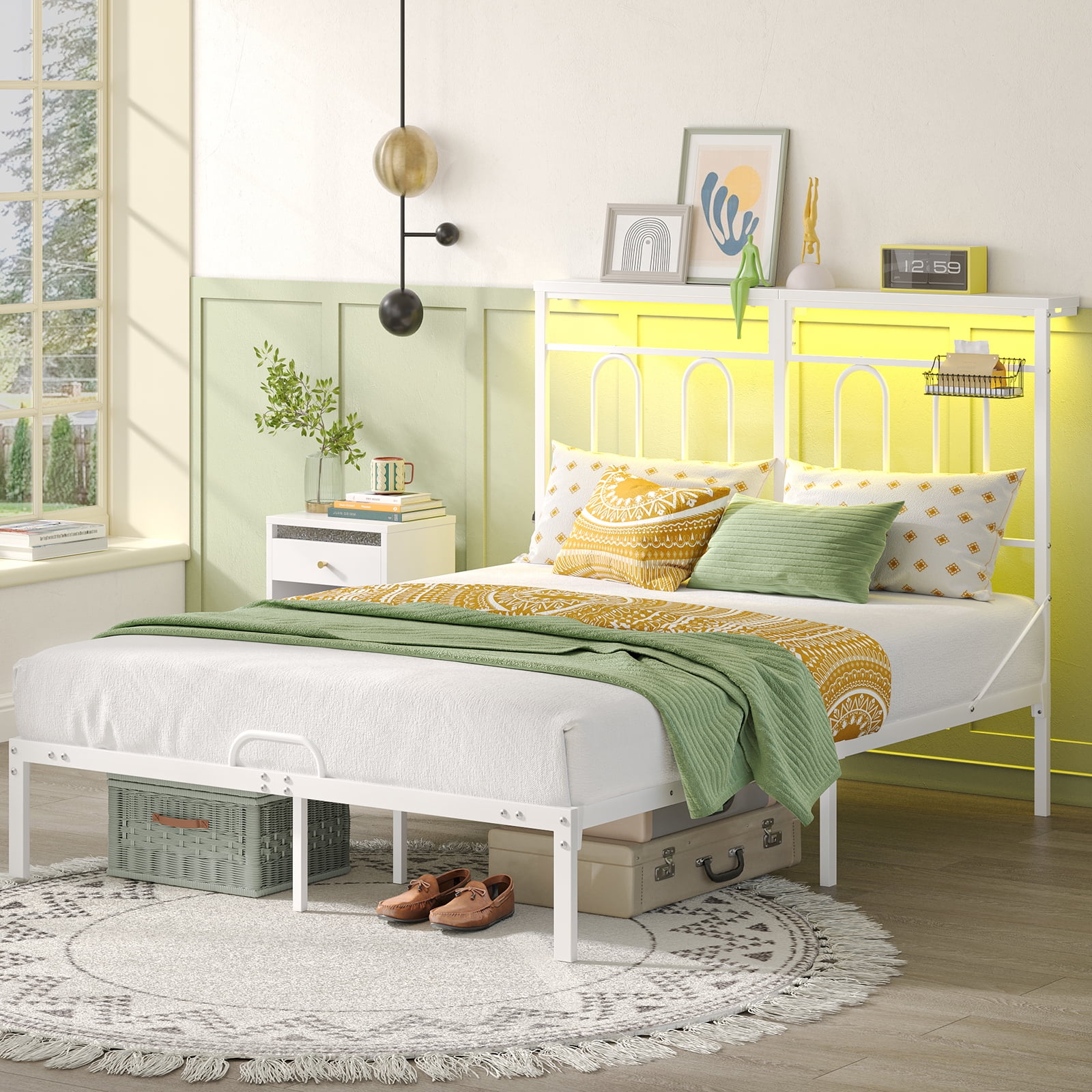 Pinmoco Queen Size Bed Frame with 49.2" High LED Storage Headboard Shelf, Metal Platform Bed with Charging Station, White