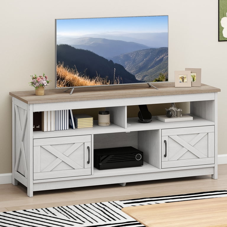 Uforic 59 Inch Farmhouse TV Stand with Power Outlet, White Oak photo 1