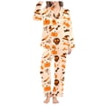thumbnail image 5 of Womens Halloween Pajamas Theme Full Printed 2 Pc Long Sleeve Pocket Button Down Lapel Shirts Loose Casual Pants Soft Fall Winter Silk Nightwear Cute Comfy Womens Loungewear Set Beige M, 5 of 7