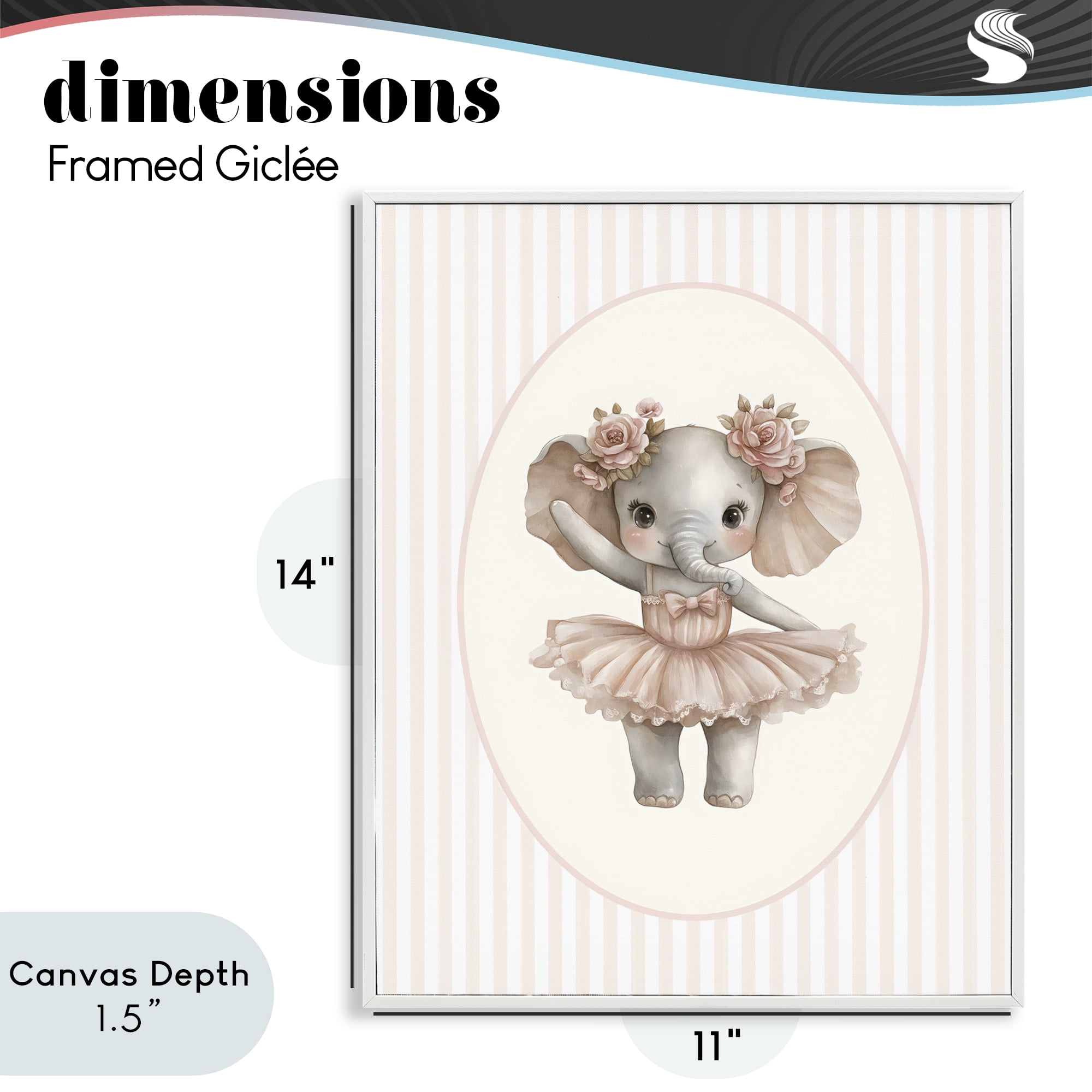 Stupell Industries Nursery Ballerina Elephant Striped White Framed Giclee Art, design by LSR Design Studio