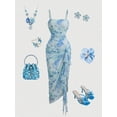 thumbnail image 5 of Blue Womens Ruched Bodycon Midi Dress With Spaghetti Straps And Asymmetrical Ruffle Hem, 5 of 5