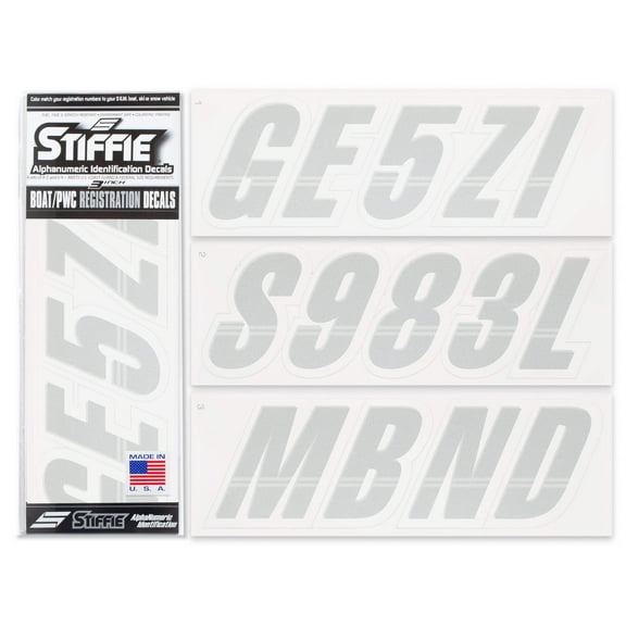 STIFFIE Techtron Silver/White 3" Alpha-Numeric Identification Custom Kit Registration Numbers  Letters Marine Stickers Decals for Boats  Personal Watercraft PWC