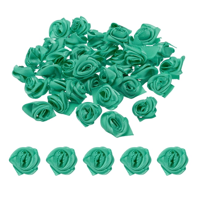 Unique Bargains Mini Satin Ribbon Roses Tiny Fabric Flowers Embellishments Rosettes Applique Turquoise 50 Pcs