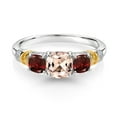 thumbnail image 2 of Gem Stone King 925 Silver and 10K Yellow Gold Peach Morganite and Red Garnet and Diamond 3-Stone Ring for Women (1.70 Cttw, Gemstone October Birthstone, Cushion 6MM and 4MM, Size 6), 2 of 3