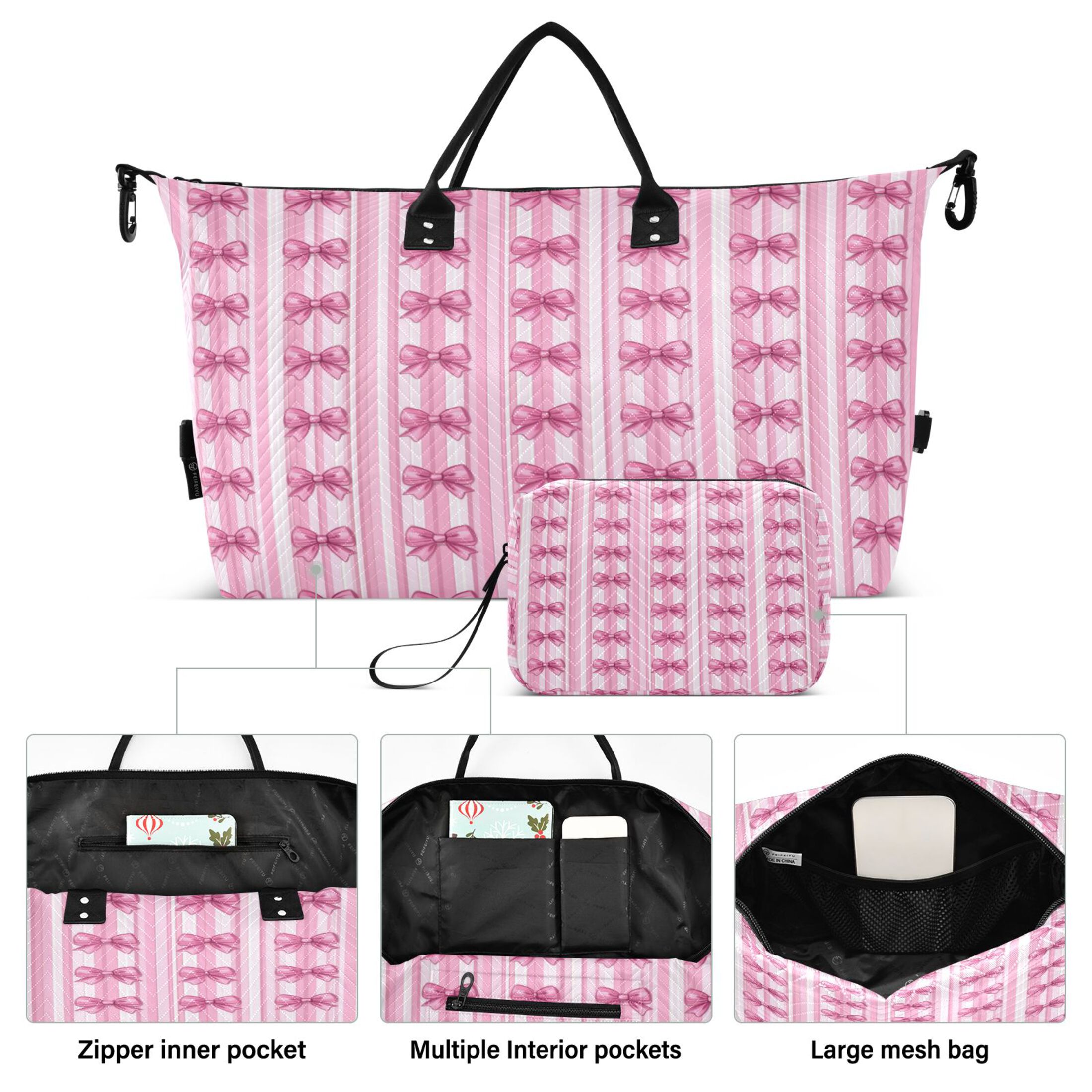 Travel Duffel Luggage Bag Sports Duffle Bag Gym Bag with Zipper Pink Bows