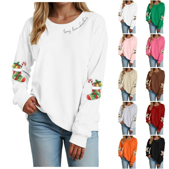 TTUHYWXI Christmas Sweatshirt for Women 2025 Christmas Light Long Sleeve Shirt Xmas Holiday Crewneck Pullover Tops (Beige, S)