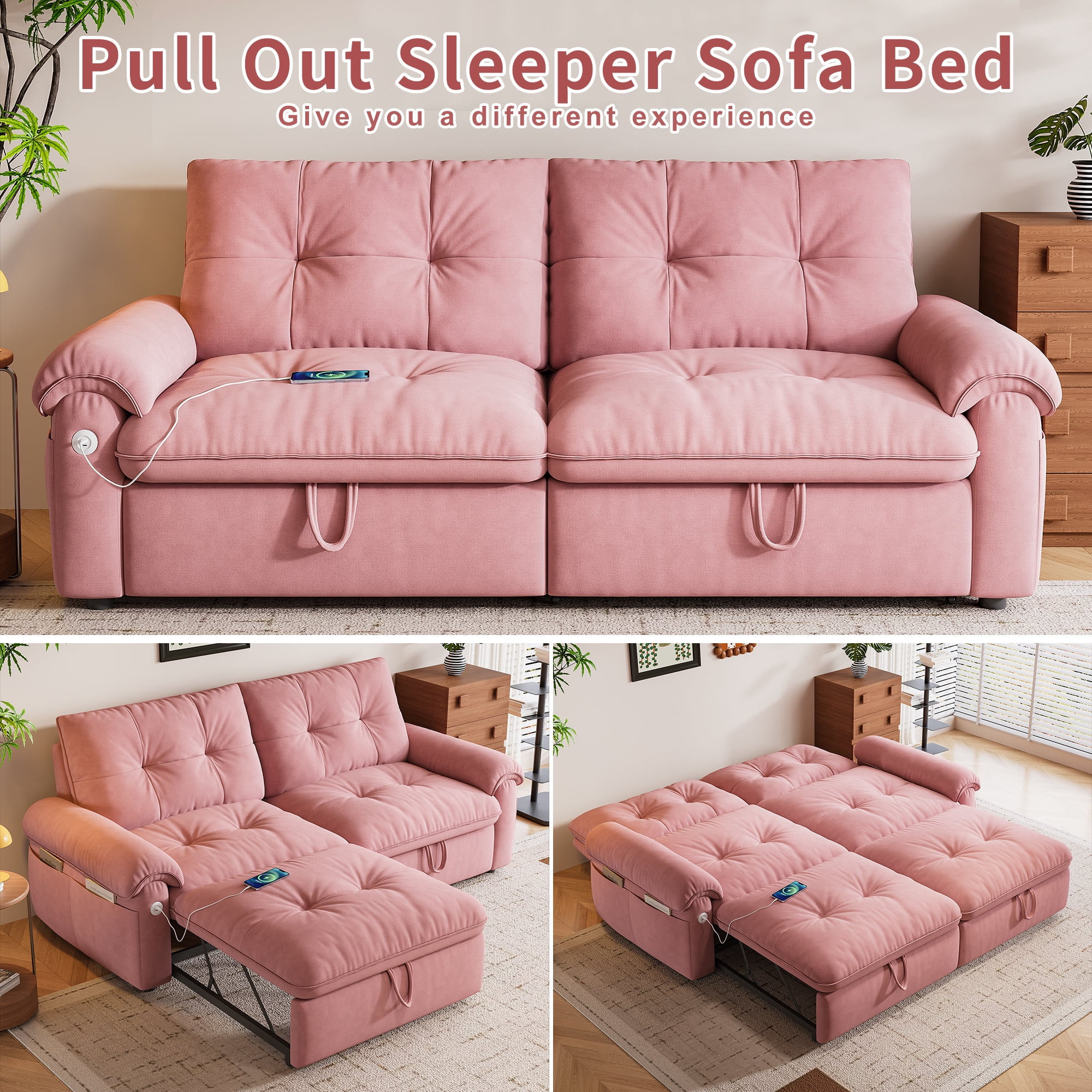 Leumius 77" Convertible Sofa Bed,2-in-1 Cloud Loveseat Sleeper Sofa with Steel Frame & USB, Chenille Pull Out Bed for Living Room/Bedroom/Apartment,Pink