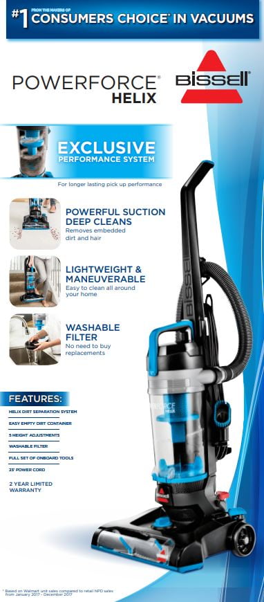 BISSELL PowerForce Blue Helix Bagless Upright Vacuum Cleaner Lightweight Washabl 
