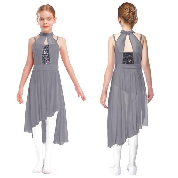 Aislor Sheer Mesh Skirted Leotard for Girls Asymmetrical Lyrical Dance Dress Ballerina Outfit Sequin Bodice Grey 16