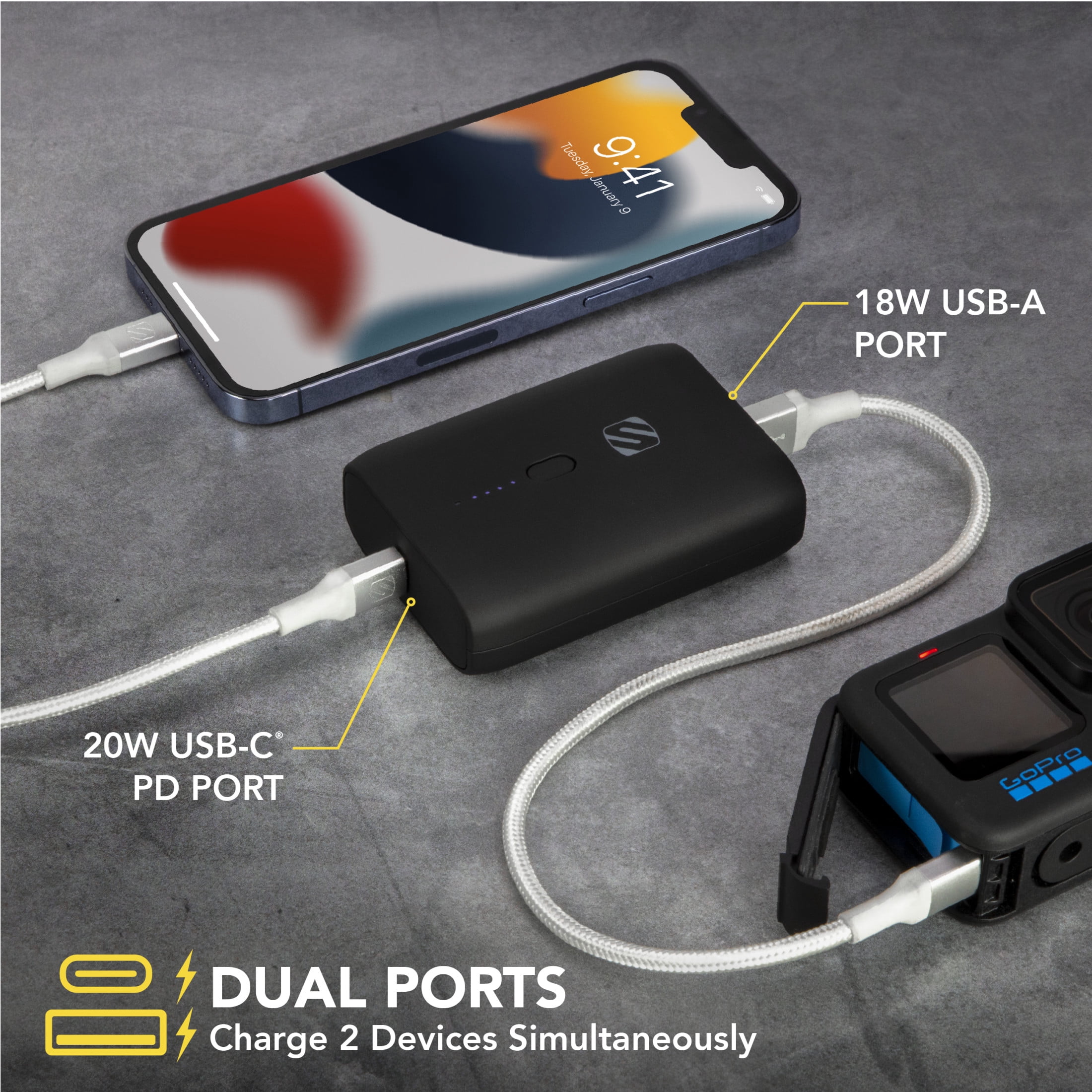 Scosche PB10PD-SP GoBat™ 10K Compact 10K mAh Dual-Port Power Bank, Black