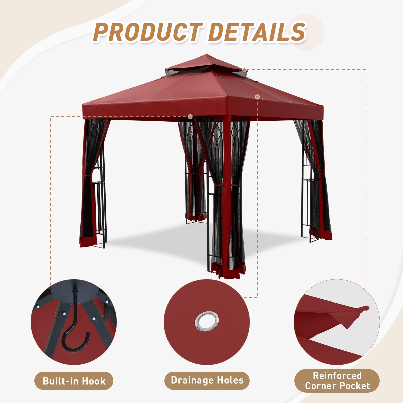 INTER HUT 8x8 Metal Patio Double Soft Roof Gazebo Outdoor Canopy Tent with Netting, Ceiling Hook, Shelves