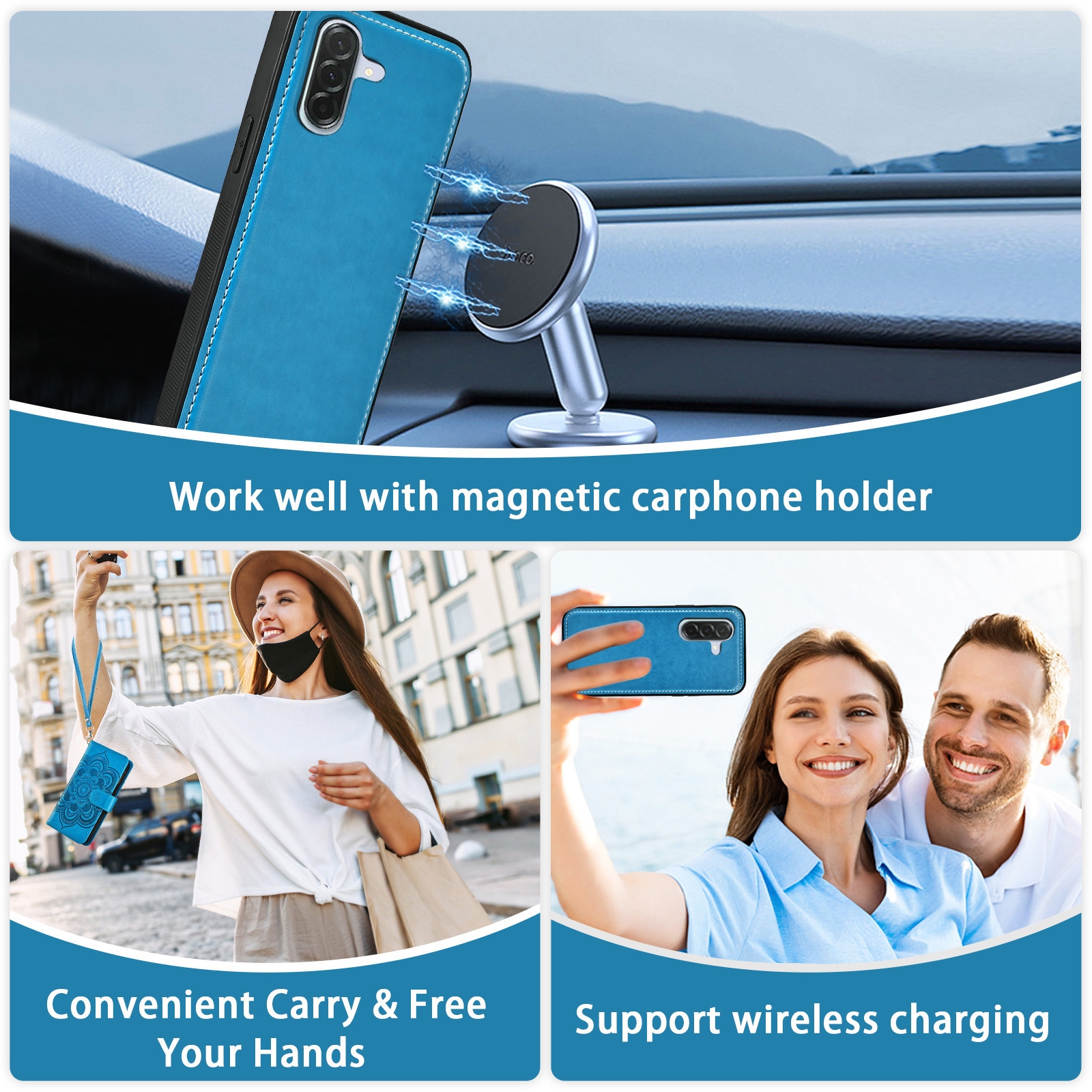 Asuwish Phone Case for Samsung Galaxy A56 5G Zipper Wallet Magnetic Detachable Cell Cover with Tempered Glass Screen Protector Crossbody Strap Flower Card Holder Slot A 56 56A LTE Women Girls Blue