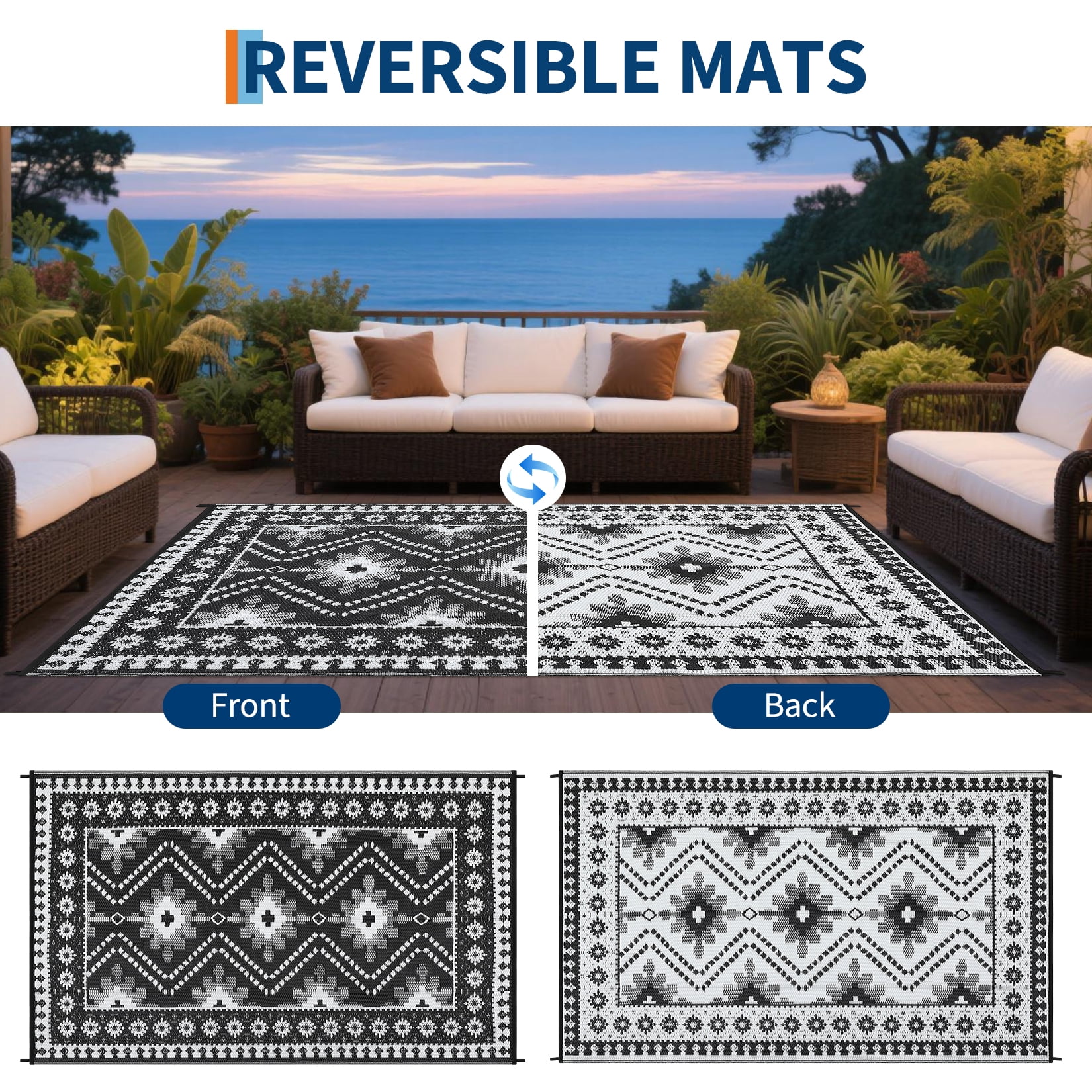HIWEAVER 9' x 12' Black/White Outdoor Rug PP Plastic Straw Woven Waterproof Patio Rug with Border Portable Outside Carpet for Balcony Deck Picnic Garden Decor
