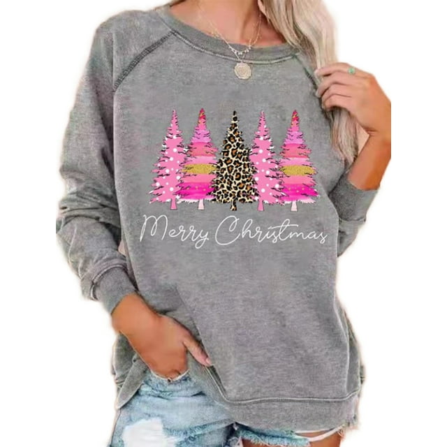 Bellella Vêtements pour Femmes T-shirt Col Rond Imprimé Arbre Tunique Blouse Pull de Vacances Rose Gris 2TG