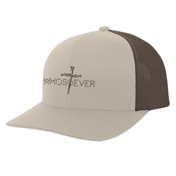 Trenz Shirt Company Christian Whosoever Cross Embroidered Mens Adjustable Snapback Mesh Back Trucker Hat, Khaki/Brown