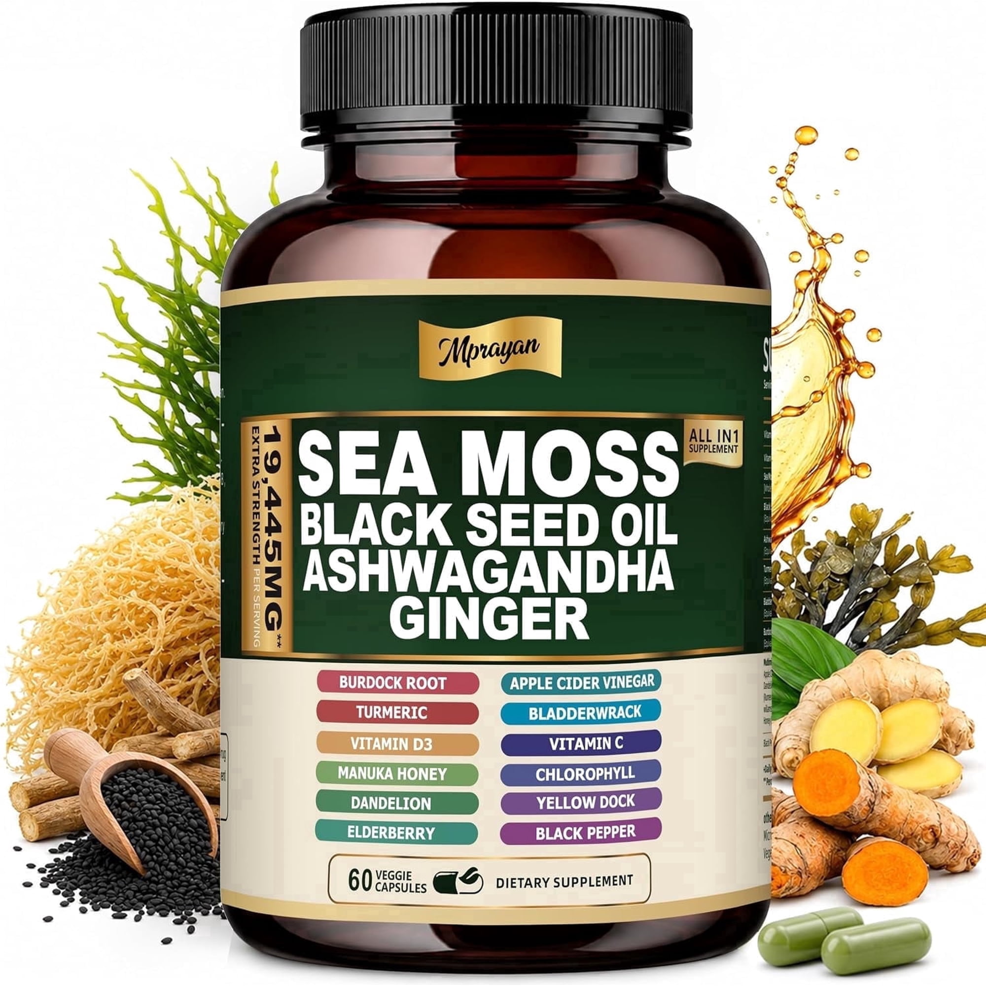MPRAYAN Sea Moss Capsules with Black Seed Oil, Ashwagandha & Ginger, Irish Sea Moss 10:1 Extract, Vegan Non-GMO, 60 Capsules, 30-Day Supply