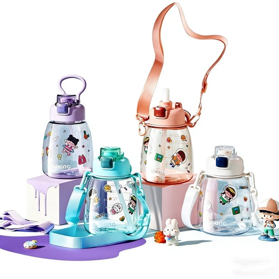 28 Oz Water Bottle Kawaii Square Straw Jug with Adjustable Shoulder Strap and Handle for Portable Leakproof Cold Water Travel in Blue