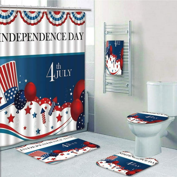 PRTAU Trippy Dog with Hand Gestures American Day Historical Party Artful 5 Piece Bathroom Set Shower Curtain Bath Towel Bath Rug Contour Mat and Toilet Lid Cover