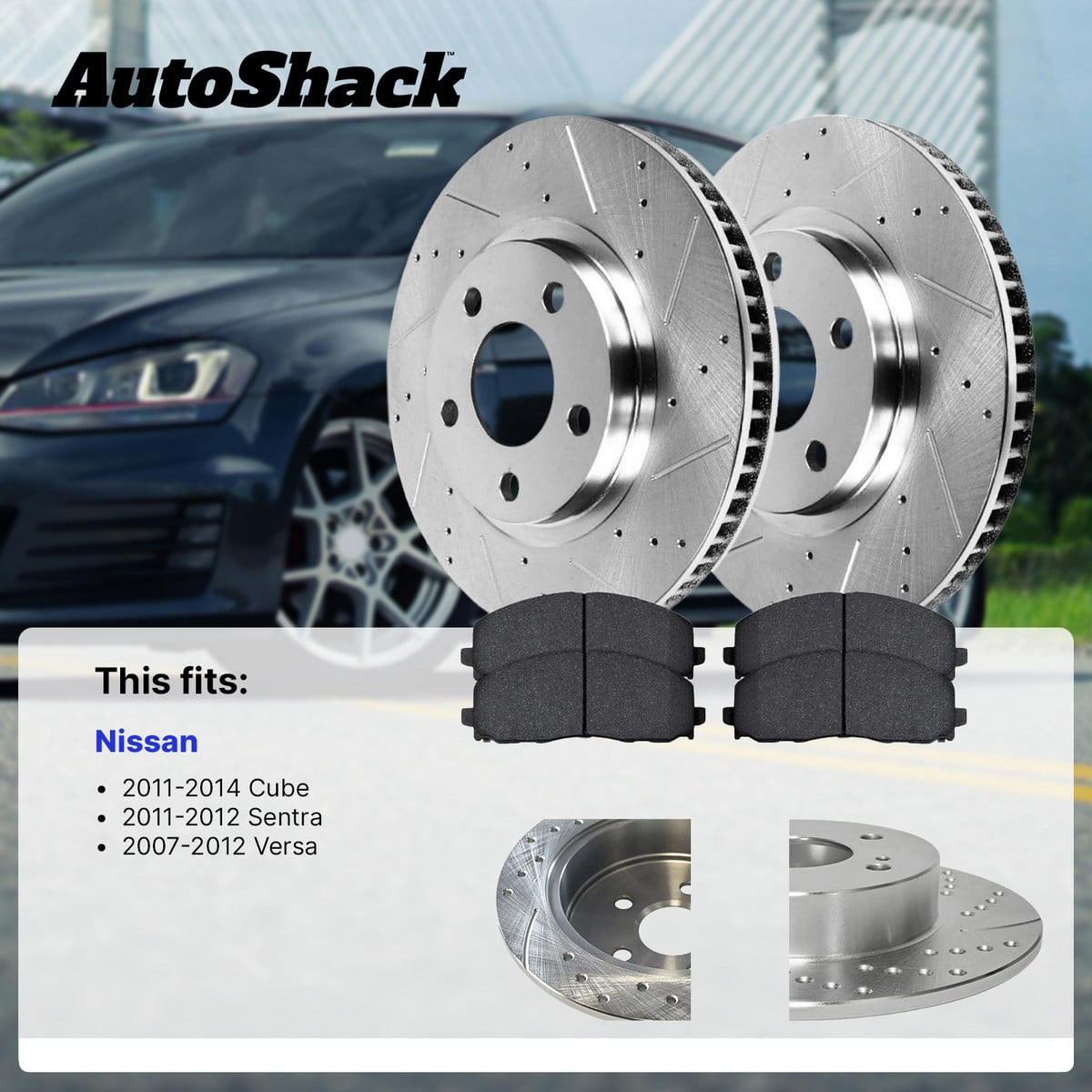 AutoShack Front Brake Rotors & Ceramic Pads for Nissan, Versa 2007-2012 Sentra 2011-2012, FWD L4 1.8L 2.0L - Silver Zinc Coated Drilled & Slotted - SilverShield Pro - 11.02" (279.8 mm), 4-Lug