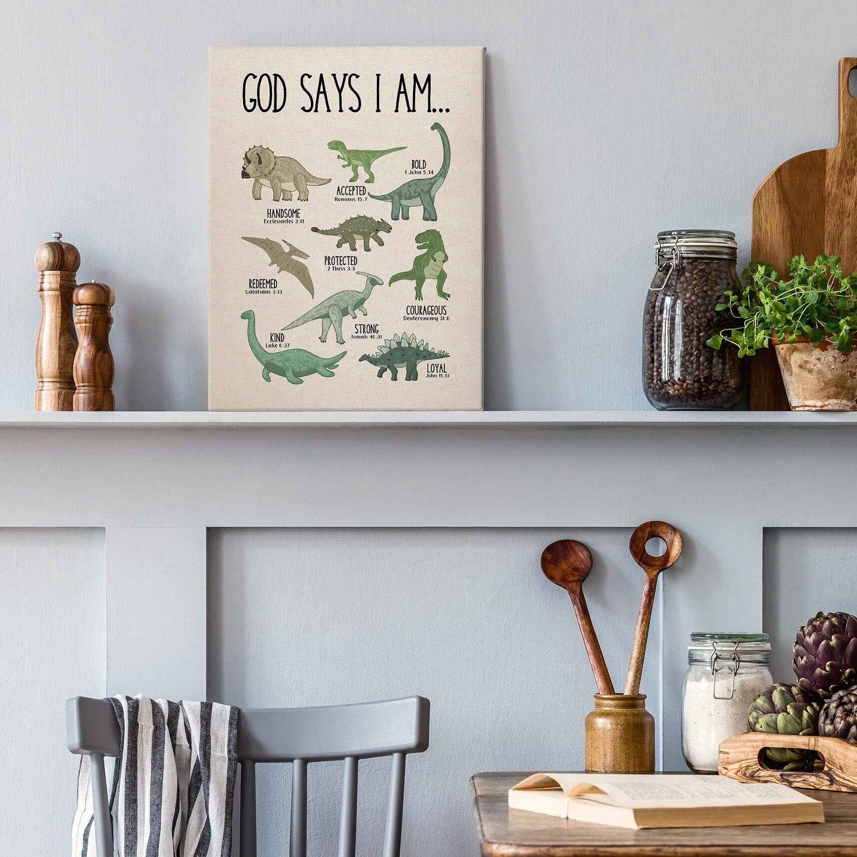 Christian Dinosaur Wall Art Decor Canvas, God Says I Am Bible Verse Dino Pictures Wall Decor Decorations Art, Dinosaur Scripture Framed Prints Artwork For Boys Kids Room Bedroom Playroom