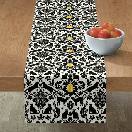 

Cotton Sateen Table Runner 72 - Black Cat Damask Halloween Pumpkin Spider Kitty Kitten Print Custom Table Linens by Spoonflower