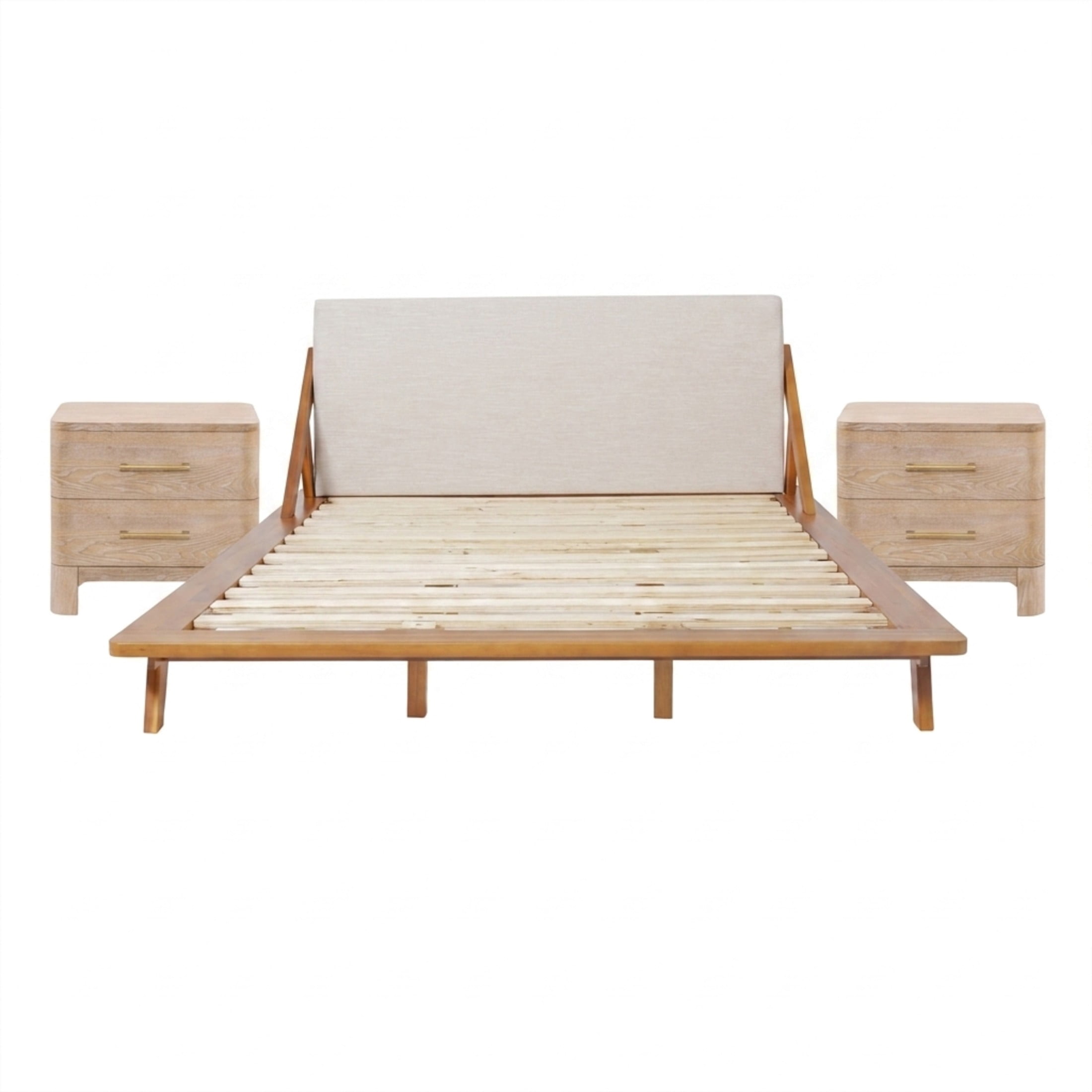 Christopher Knight Home Modern Upholstered Bed Frame with 2 Nightstands, Queen Size, Beige+Natural