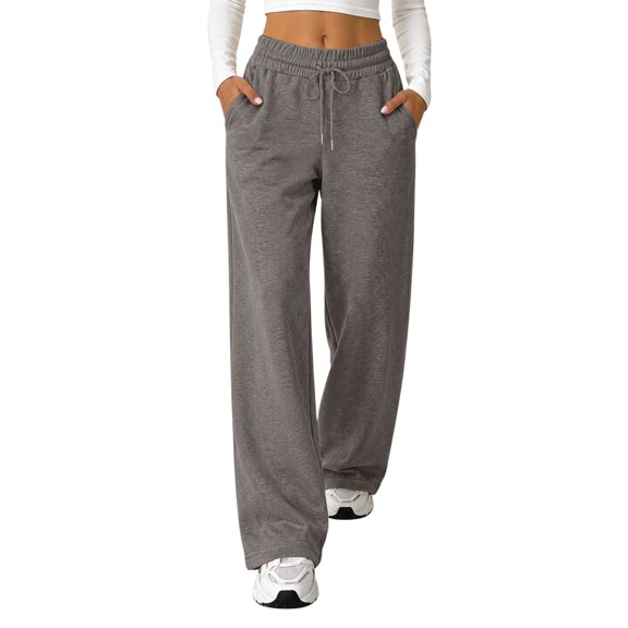 Women's Wide Leg Sweatpants Soft Fall Lounge Pants with Drawstring Waist Side Pockets Relaxed Fit Casual Trousers, L