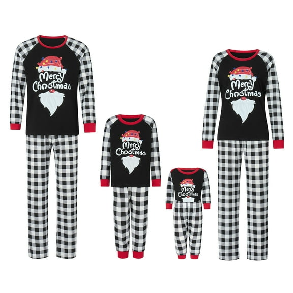 Family Matching Christmas Pajamas, Letter Santa Hat Print Long-Sleeved Round Neck Tops Plaid Pattern Trousers Sleepwear
