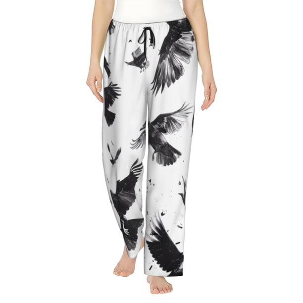 Balery Monochrome Flying Ravens Pantalones de pijama para mujer, pijamas ultraligeros, pantalones de estar por casa-X-Large