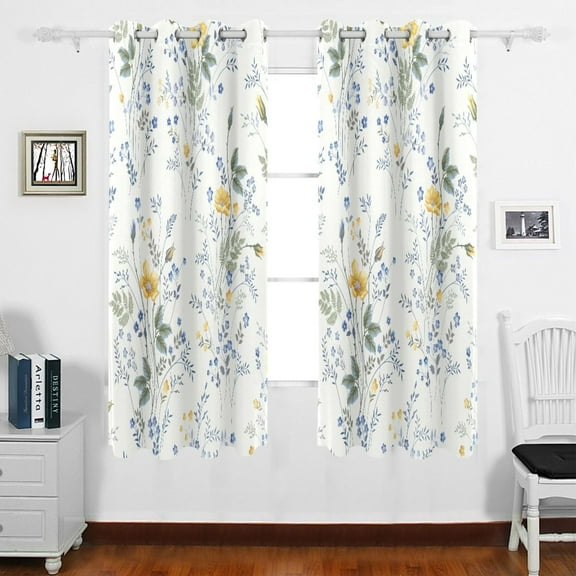 Yellow and Blue Flowers Floral Grommet Blackout Curtains Thermal Insulated Window Curtain Sets for Bedroom Living Room 63"L x 55"W 2 Panels