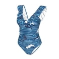 thumbnail image 4 of Yiaed Sharks on White Blue Striped Print Women's Ruffled One Piece Swimsuit V Neck Swimwear Slimming Monokini for Woman-Small, 4 of 8