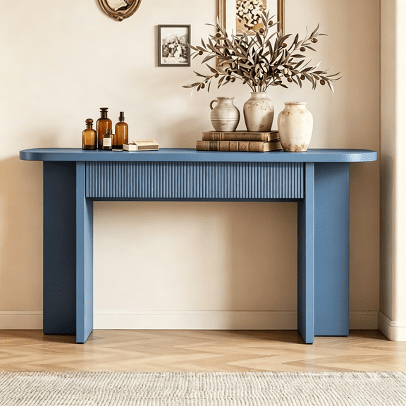 OMCHOM 63in Entryway Table with Storage Fluted Console Table with 2 Drawers Sofa Table Behind The Couch, Narrow Console Tables for Entryway, Hallway, Living Room(Blue)