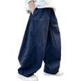 thumbnail image 3 of WAVSUF Boys Cotton Pants Elastic Waist with Pocket Baggy Fit Kids Summer Casual Trendy Pants Navy Size 10-12, 3 of 10