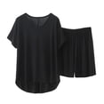 thumbnail image 2 of NominalSnug Pajama Sets for Women Round Neck Short Sleeve Sleep Shirts Wide Leg Pleated Shorts Casual Loose Loungewear, 2 of 6