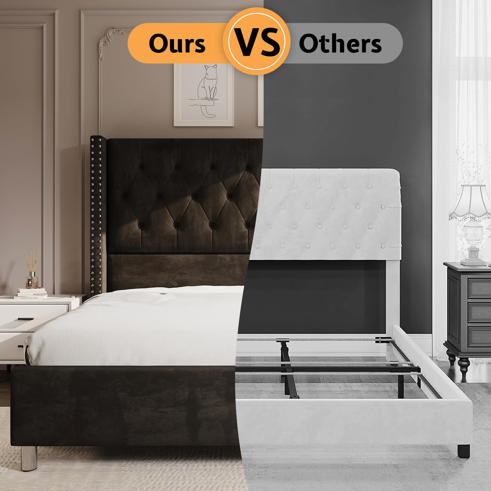 VanAcc Queen Size Bed Frame,Upholstered Velvet Low Profile Platform with Raised Wingback Headboard,Black