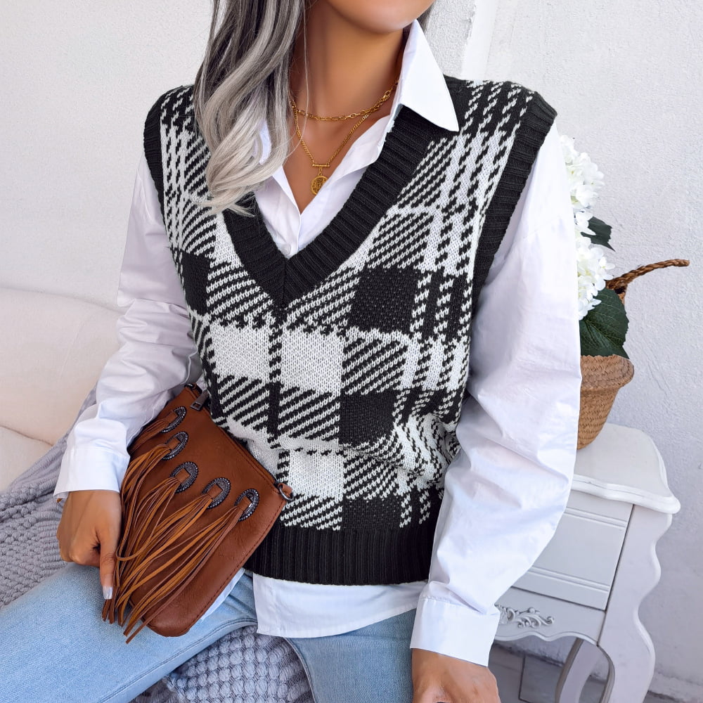 Women Classic Fit Sweater Vest Casual Sleeveless V Neck Plaid Print Knit Sweater  Pullover for Ladies (Green, S) - Walmart.com