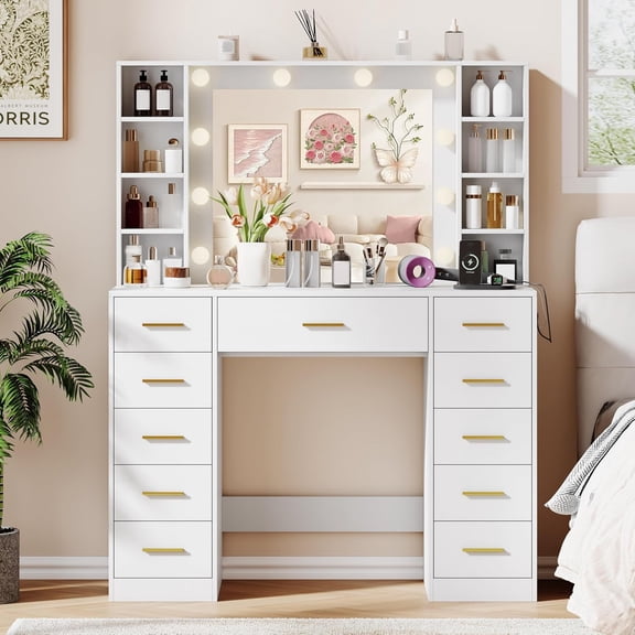 FANRAL 43" Vanity Desk with LED Mirror,11 Drawers & 4 Shelves,Built-in Power Outlet & Adjustable LED Lights,Dressing Table for Bedroom Beauty Grooming,White Vanity