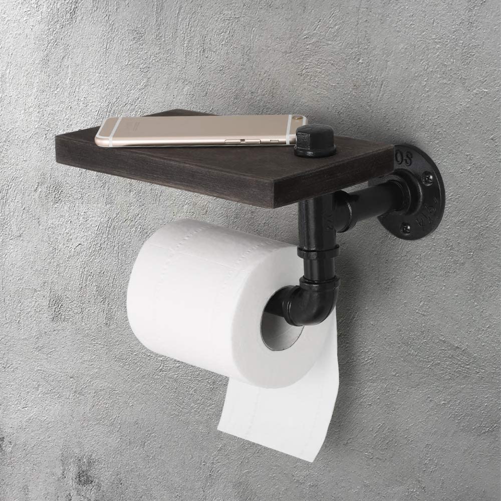 Wall Mounted Toilet Paper Holder with Rustic Wooden Shelf and Cast Iron Pipe by Oumilen - image 2 of 7