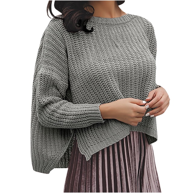 Yuyuzo Cropped Side Split Sweater for Women Crewneck Long Sleeve Knit Pullover Tops Solid Color Sweater