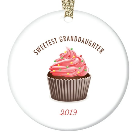 Cupcake Christmas Ornament for Granddaughter 2019, Sweetest Grand Daughter Present for Baby Child Little Girl Adoption Surprise Cute Ceramic 3