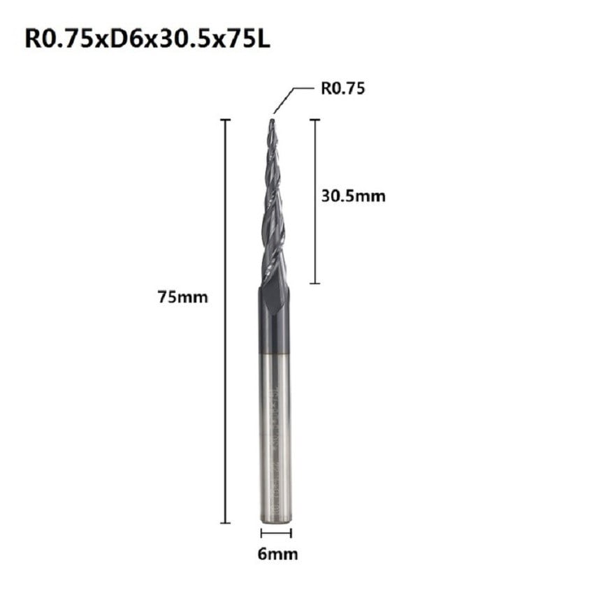 2 Flutes Taper Ball End CNC Router Bit 75 R0.75 D6 30.5 