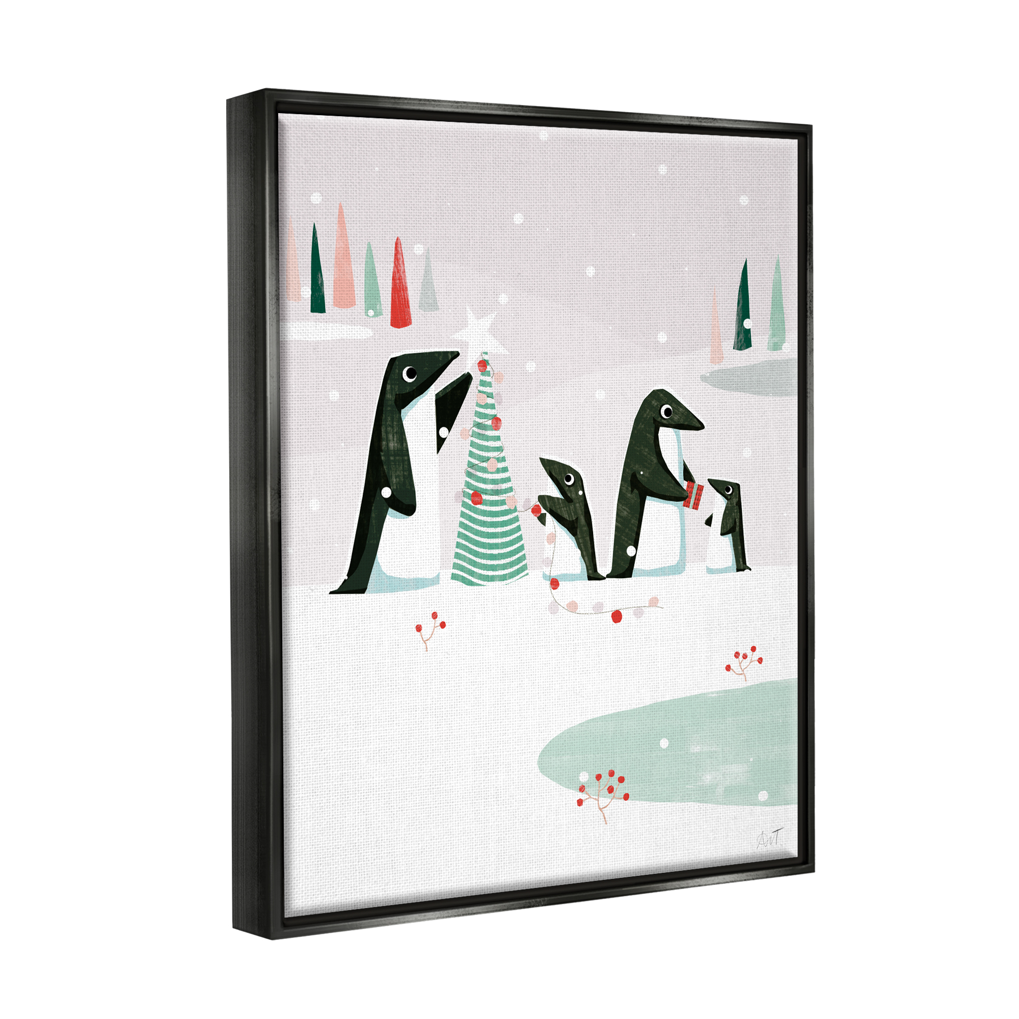Stupell Industries Penguins Decorating Christmas Tree Holiday Painting Black Floater Framed Art Print Wall Art