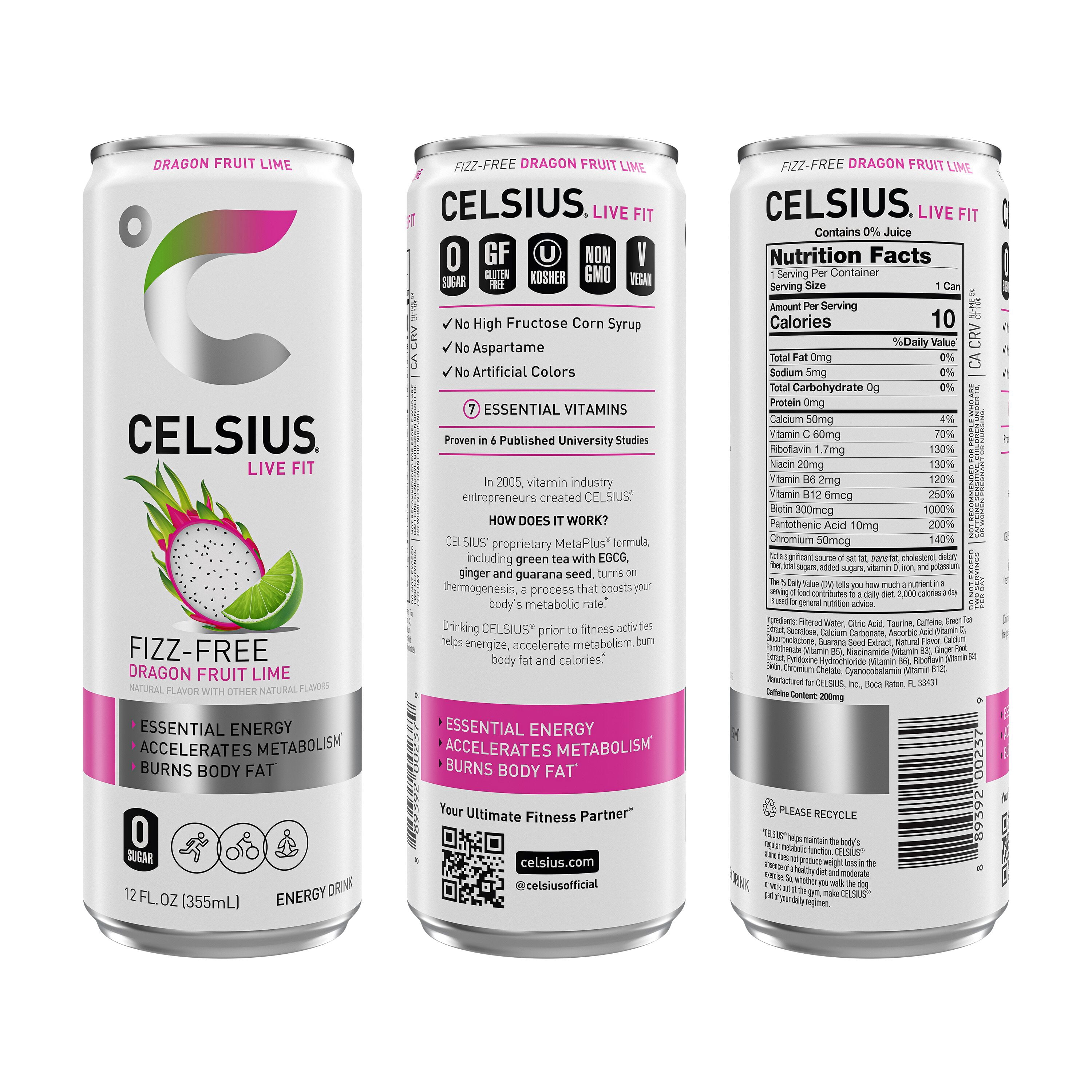 (5 pack) CELSIUS Fizz Free Dragon Fruit Lime, Functional Energy Drink 12 fl oz Single Can