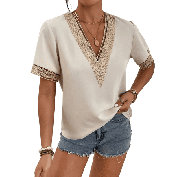 Blusas de Verano de Corta para Mujer, con Ribete de Encaje y Cuello en V, Elegantes e Informales, Color Abeja, Talla L
